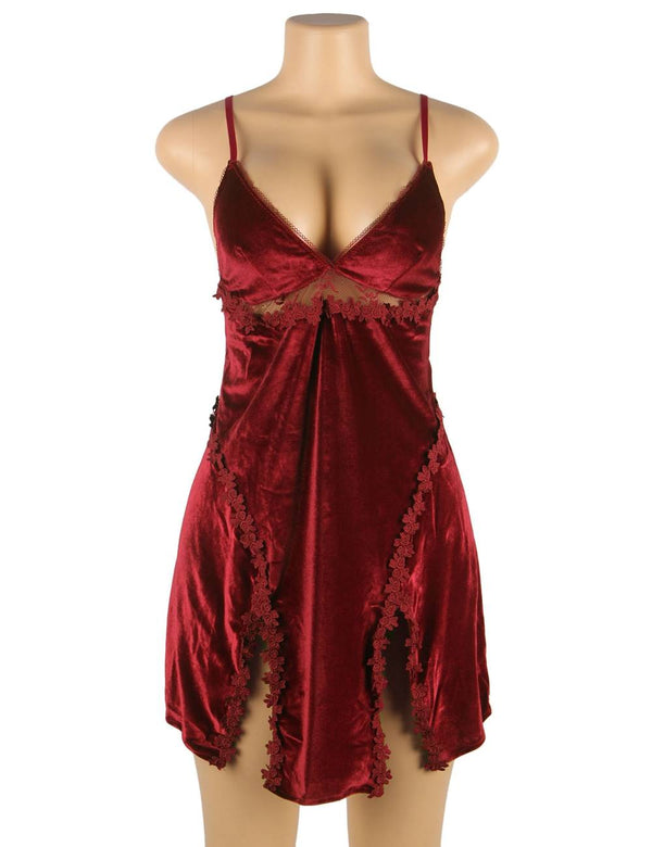Velvet Floral Lace Babydoll Backless Velvet Lace Babydoll in red - Love It Curvy