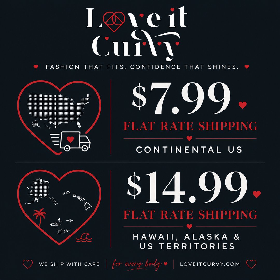 Advertisement for Love it Curvy Flat Rate shipping information on a black background