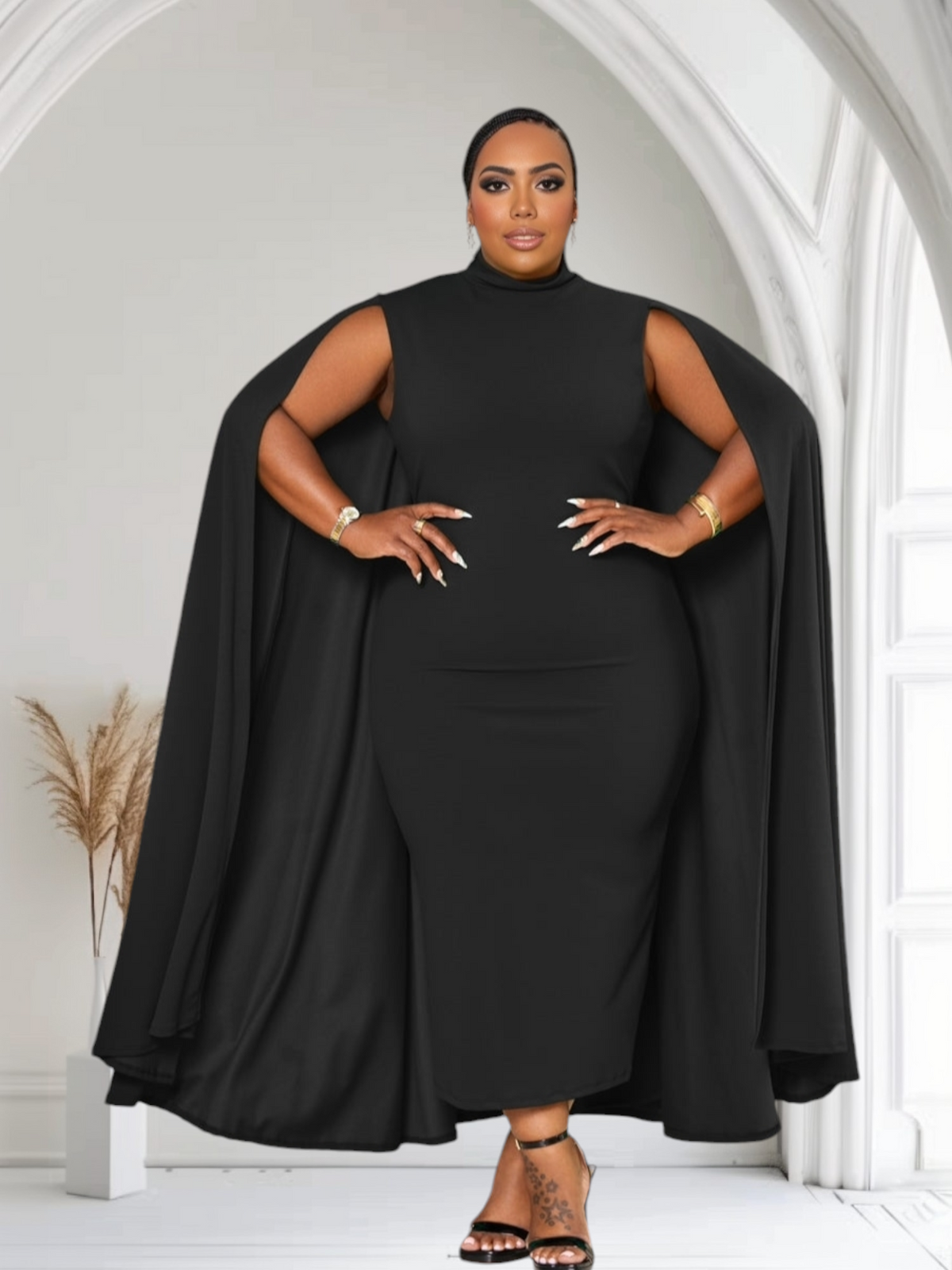 The Stella Cape Plus Size Midi Dress - Black Main image