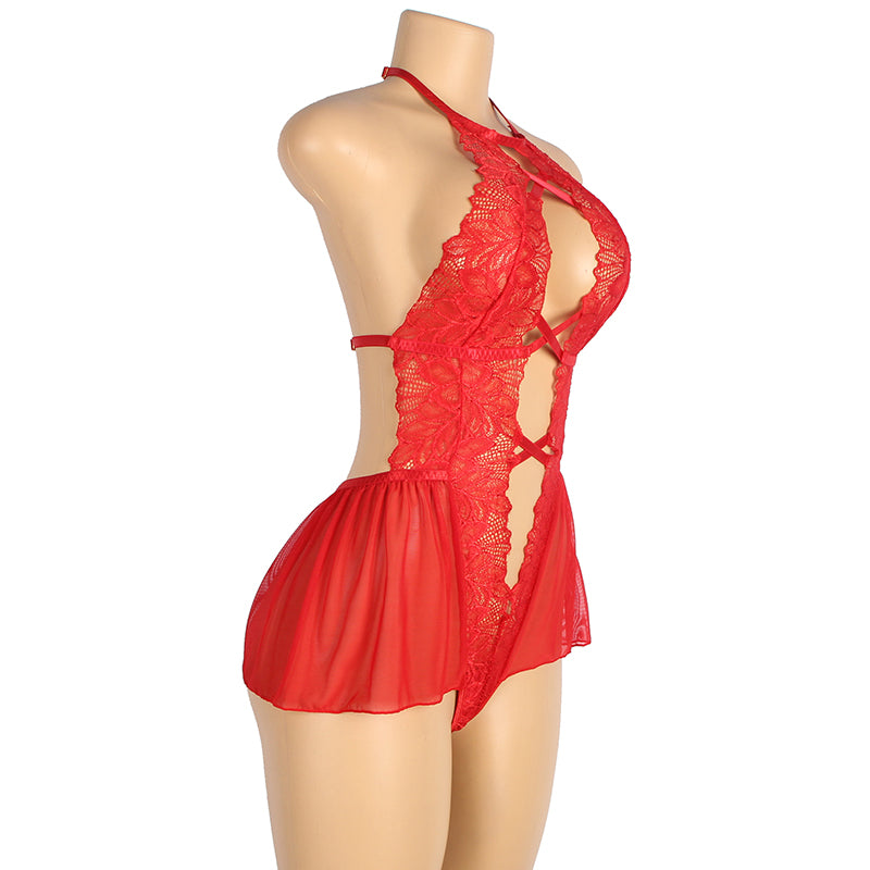 Mesh Halter Backless Floral Patterns Teddy Lingerie Red Black - Love It Curvy
