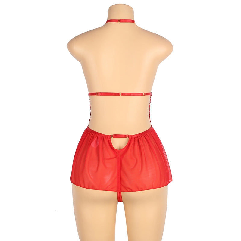 Mesh Halter Backless Floral Patterns Teddy Lingerie Red Black - Love It Curvy
