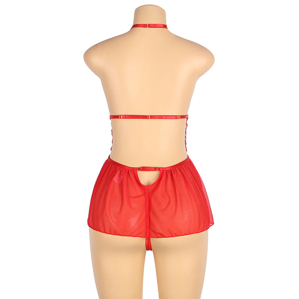Mesh Halter Backless Floral Patterns Teddy Lingerie Red Black - Love It Curvy