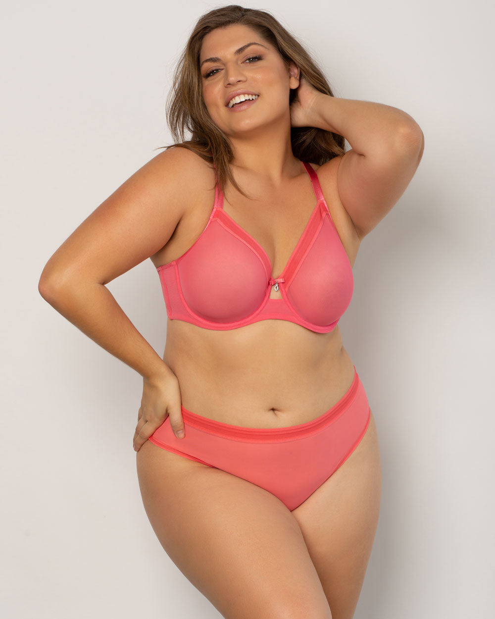 Curvy Couture Sheer Mesh Full Coverage Unlined Underwire Bra in Sun Kissed Coral