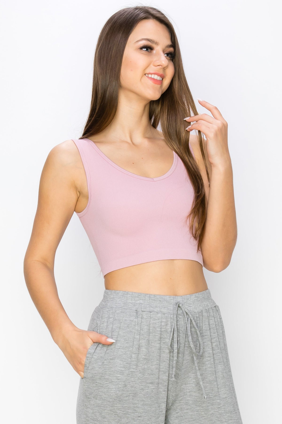 Ribbed Deep Scoop Cropped Tank Top with Reversible Neckline | Love It Curvy