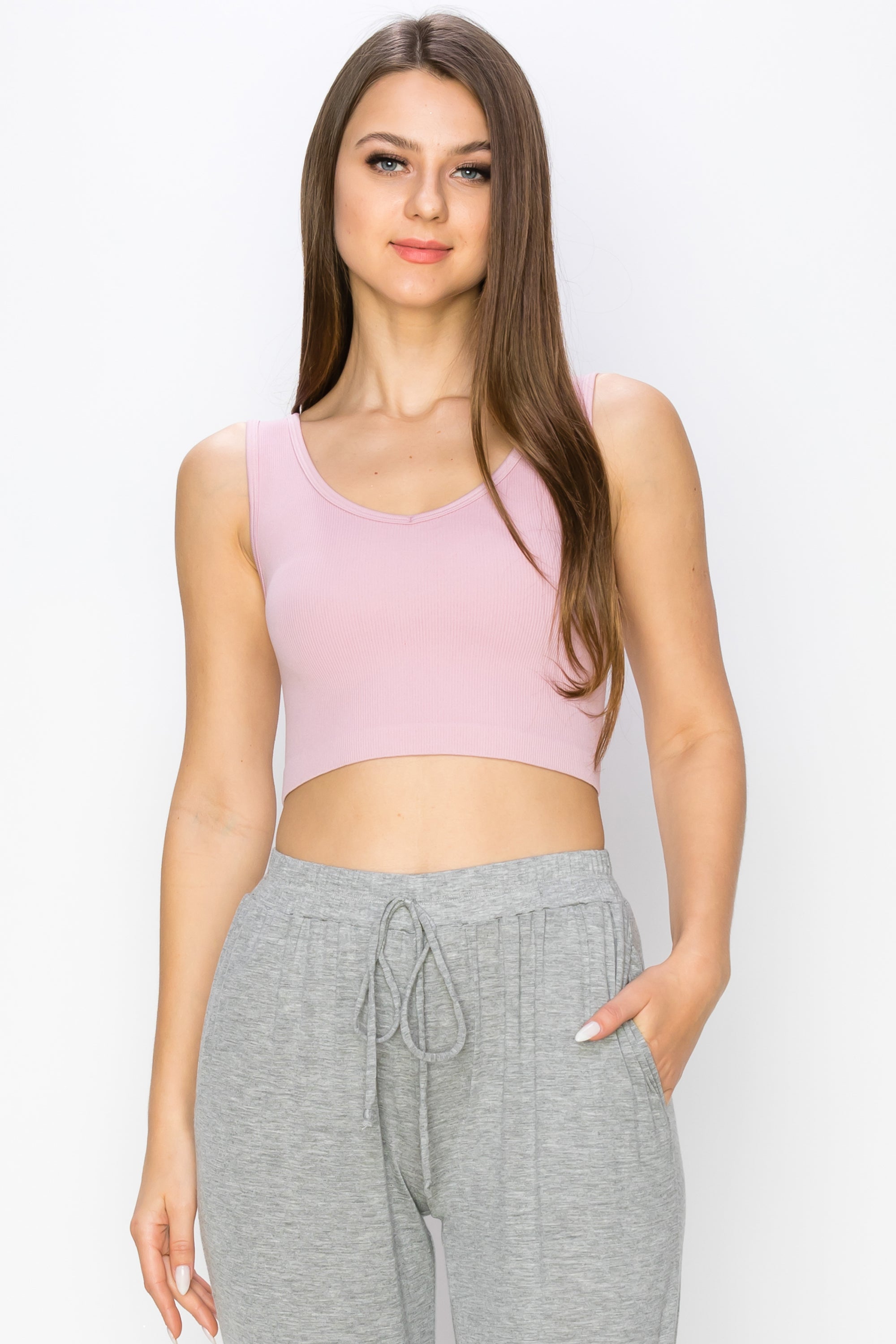 Love It Curvy Ribbed Deep Scoop Cropped Tank Top w/ Reversible Neckline