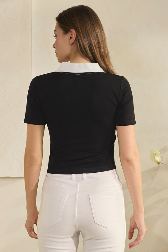 Women's Seamless Contrast Collared Polo Cropped Top