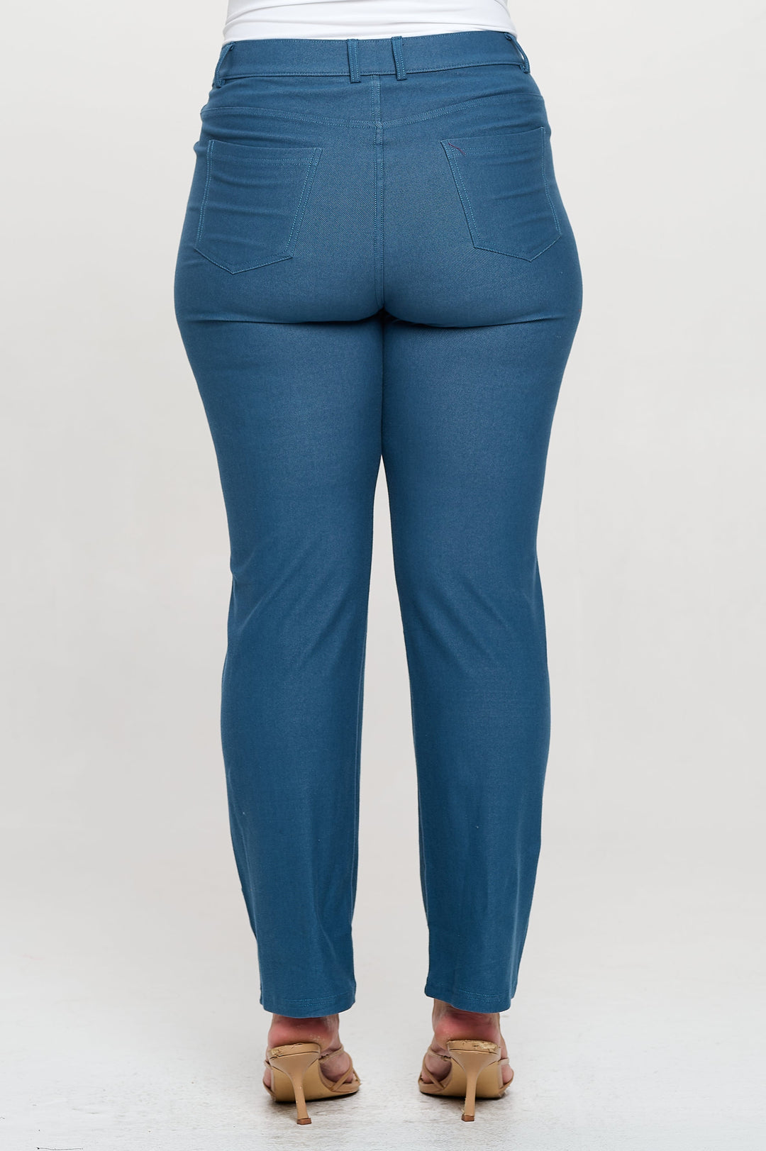 Back View of Teal Straight Leg Jeggings, Denim Leggings, Elastic Waist Jean Pants for Women