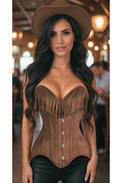 Top Drawer Tan Suede Steel Boned Overbust Corset with Fringe | Love It Curvy