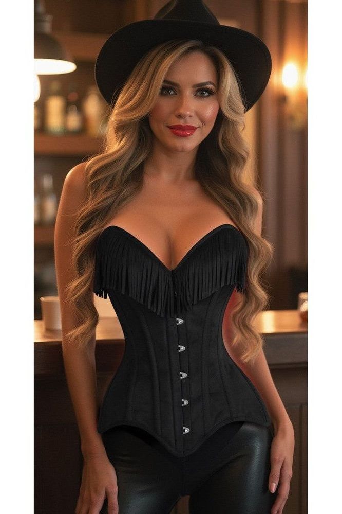 Top Drawer Black Suede Steel Boned Overbust Corset w/Fringe - Love it Curvy