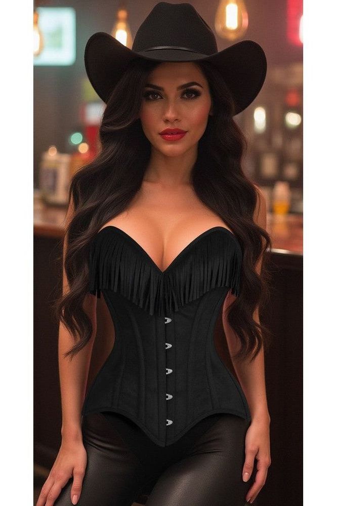 Top Drawer Black Suede Steel Boned Overbust Corset w/Fringe - Love it Curvy