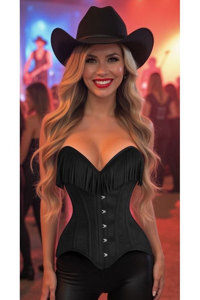 Top Drawer Black Suede Steel Boned Overbust Corset w/Fringe