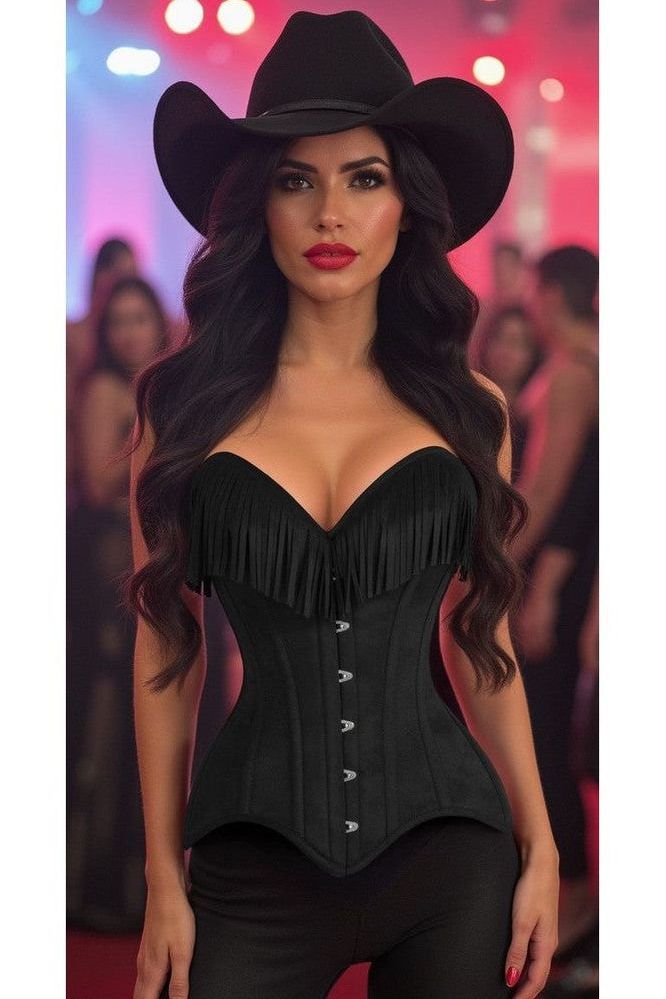 Top Drawer Black Suede Steel Boned Overbust Corset w/Fringe