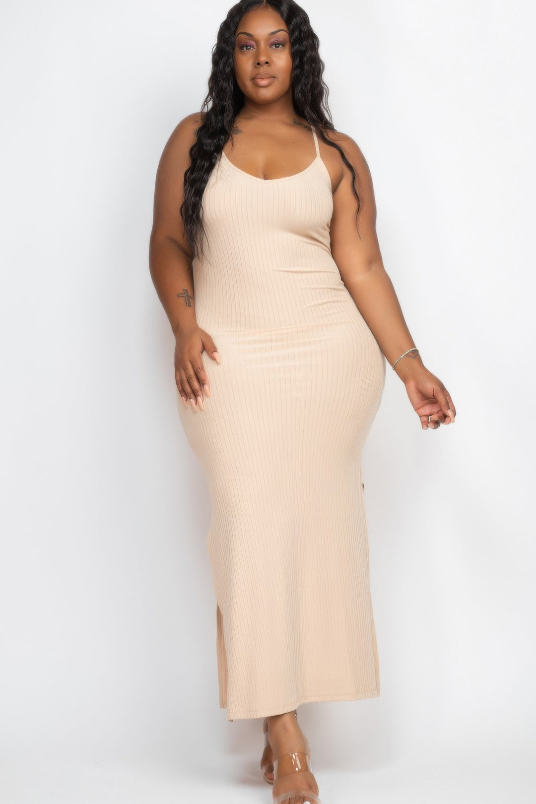 Plus Size Ribbed Side Slit Long Cami Maxi Dress - Love it Curvy