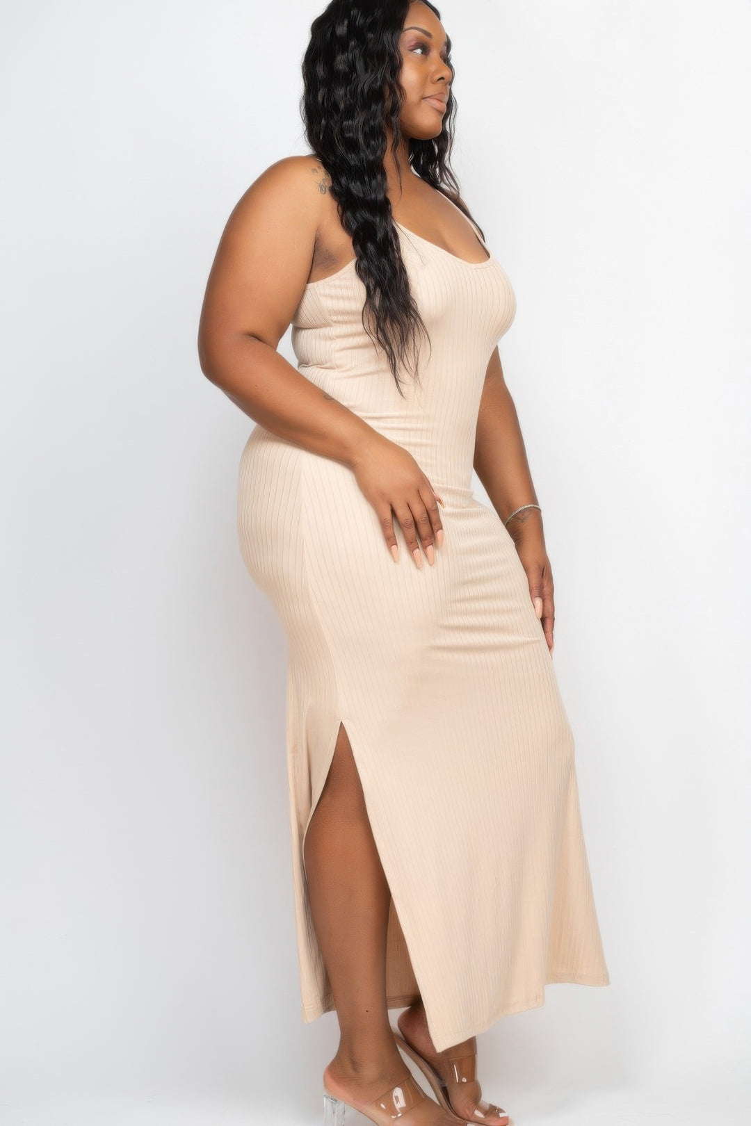 Plus Size Ribbed Side Slit Long Cami Maxi Dress - Love it Curvy