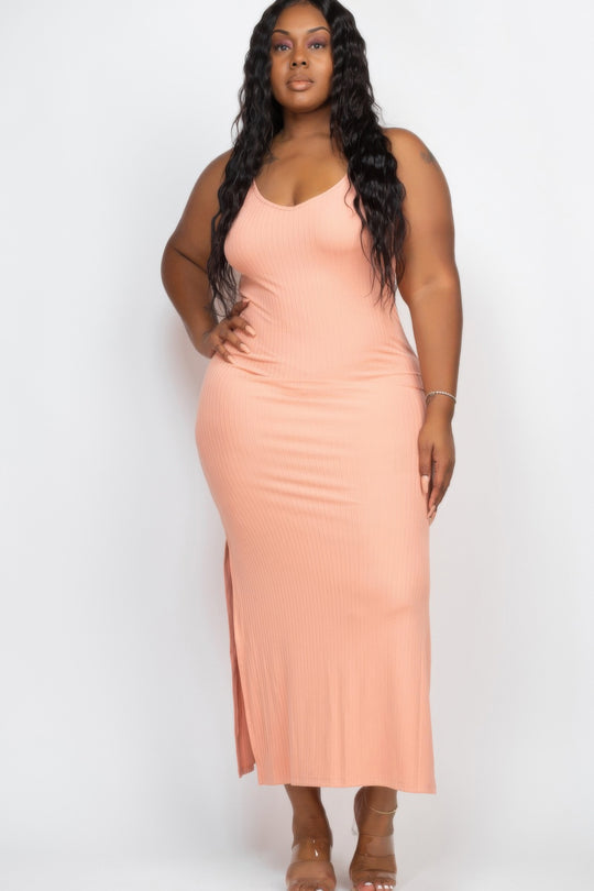 Plus Size Ribbed Side Slit Long Cami Maxi Dress - Love it Curvy