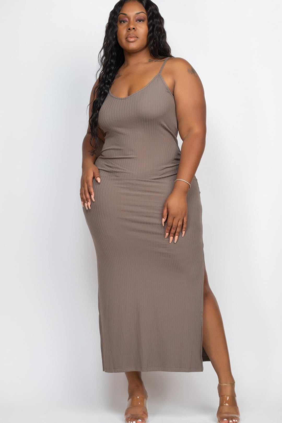 Plus Size Ribbed Side Slit Long Cami Maxi Dress - Love it Curvy