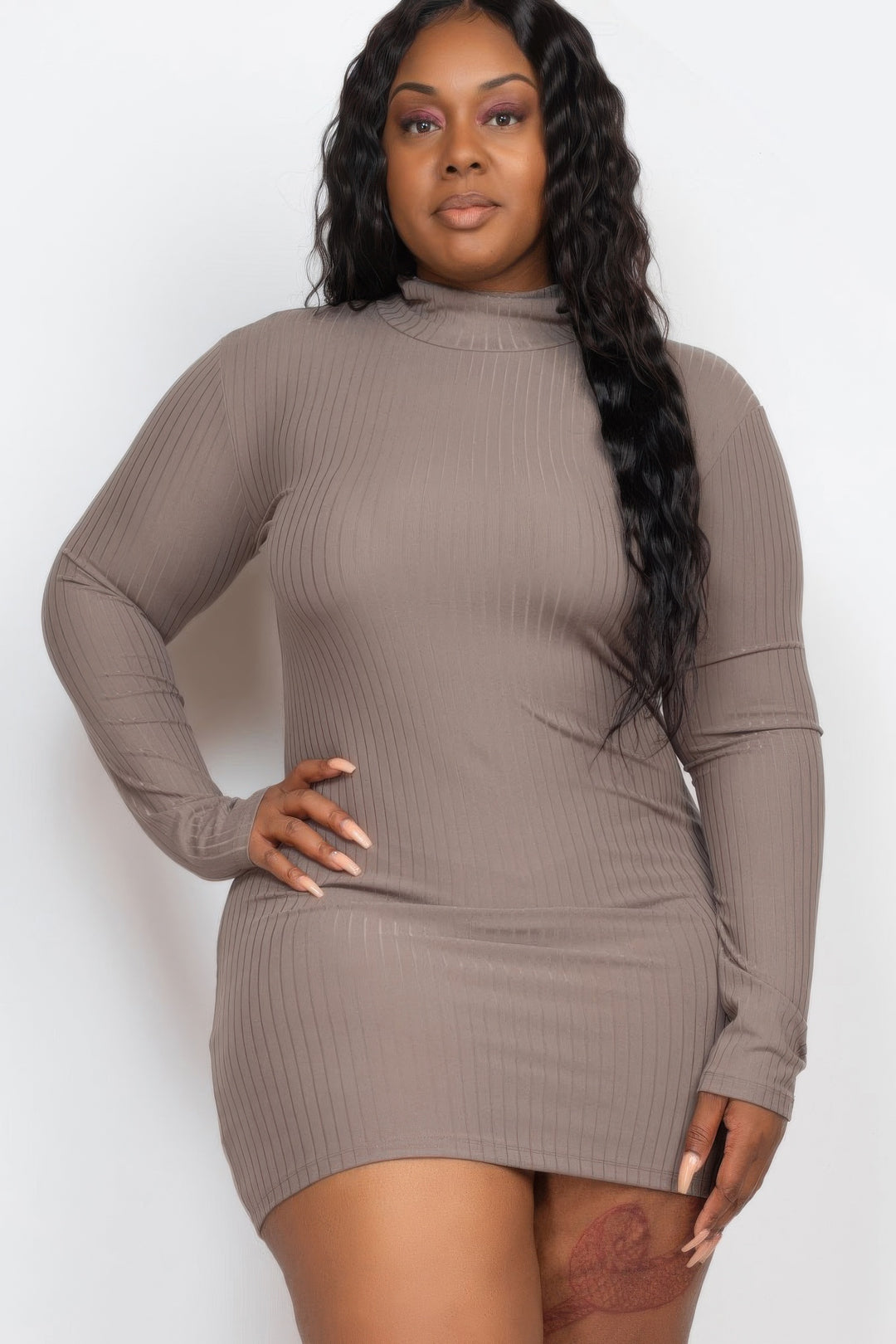 Plus Size Ribbed Long Sleeve Mock Neck Mini Bodycon Dress - Love it Curvy