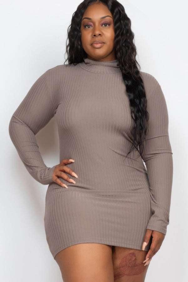 Plus Size Ribbed Mock Neck Long Sleeve Bodycon Mini Dress