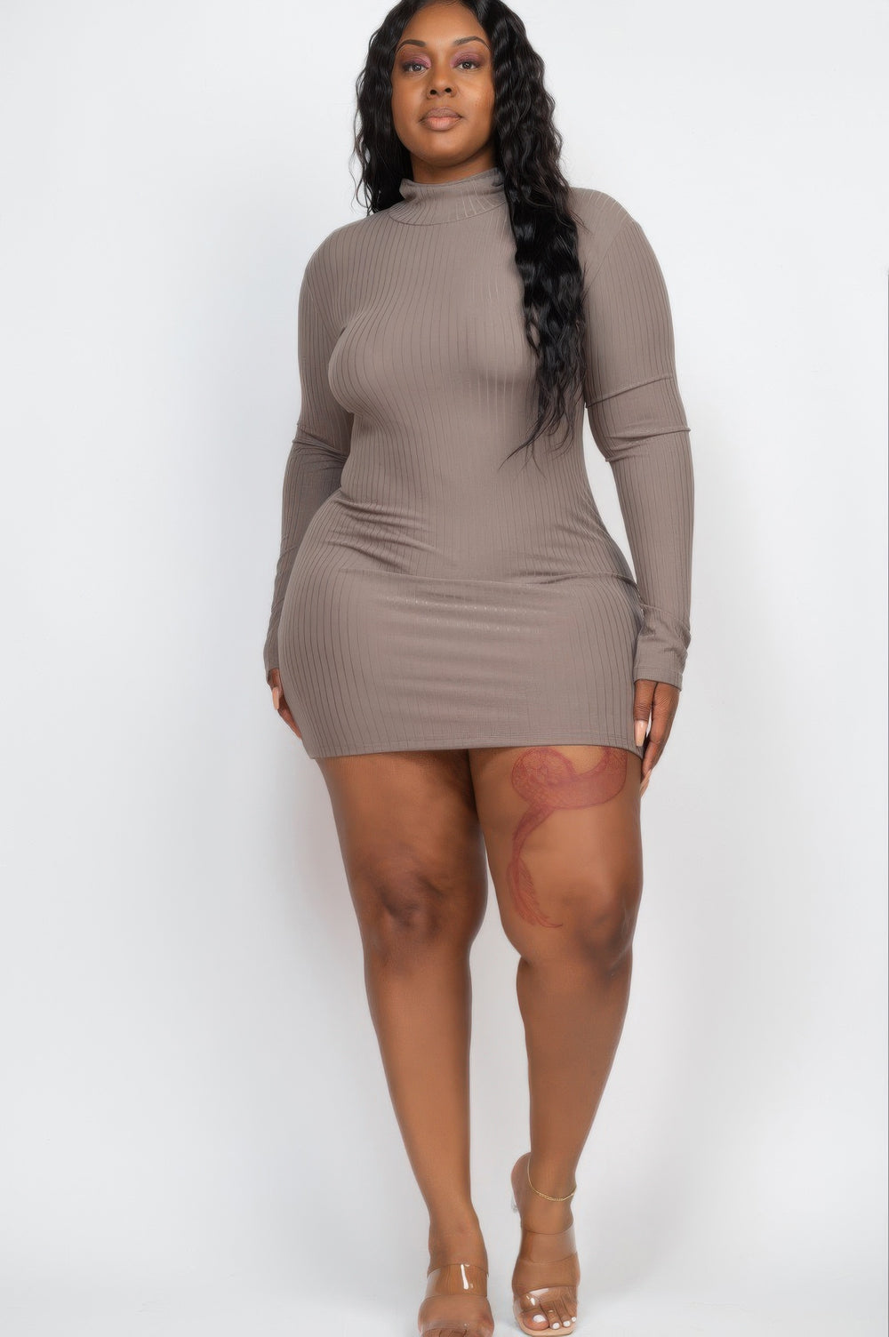 Plus Size Ribbed Long Sleeve Mock Neck Mini Bodycon Dress - Love it Curvy