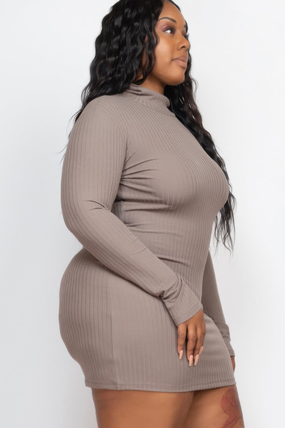 Plus Size Ribbed Long Sleeve Mock Neck Mini Bodycon Dress - Love it Curvy