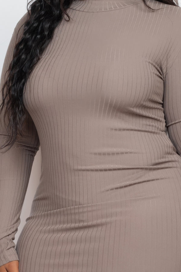 Plus Size Ribbed Mock Neck Long Sleeve Bodycon Mini Dress