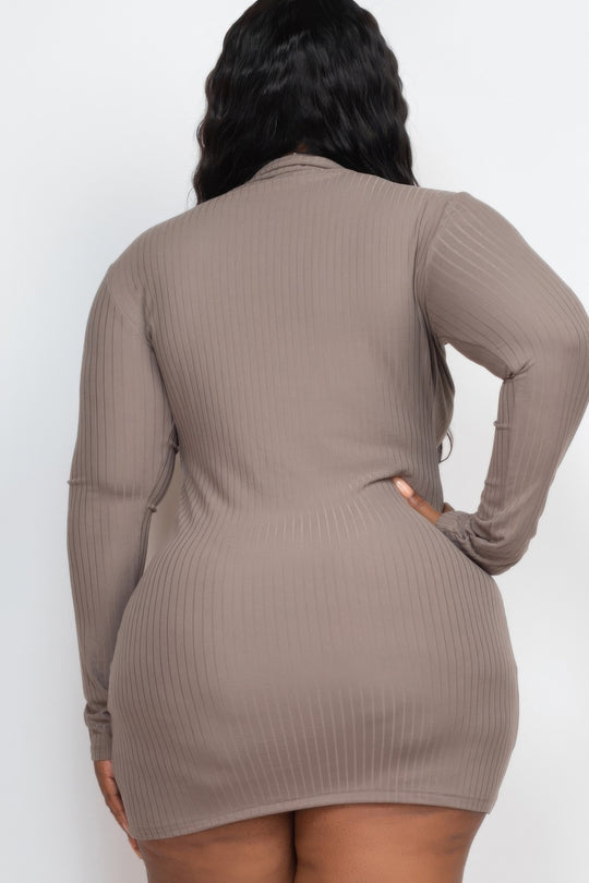 Plus Size Ribbed Long Sleeve Mock Neck Mini Bodycon Dress - Love it Curvy