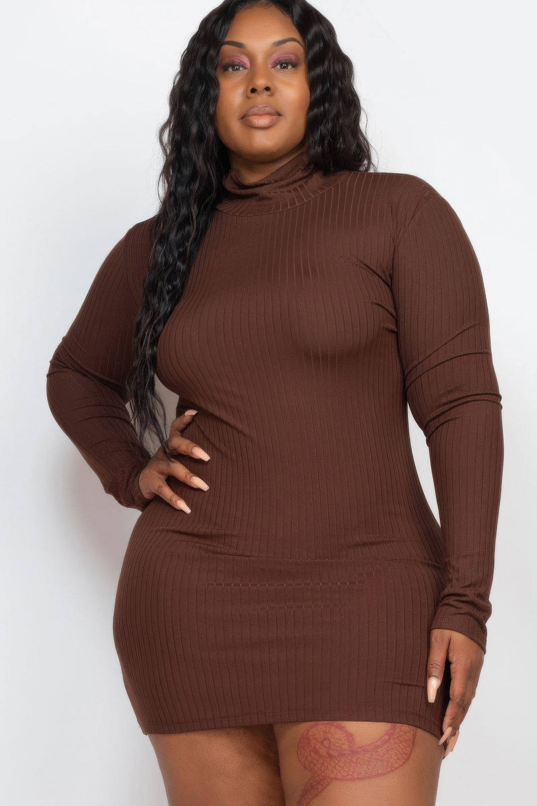 Plus Size Ribbed Long Sleeve Mock Neck Mini Bodycon Dress - Love it Curvy