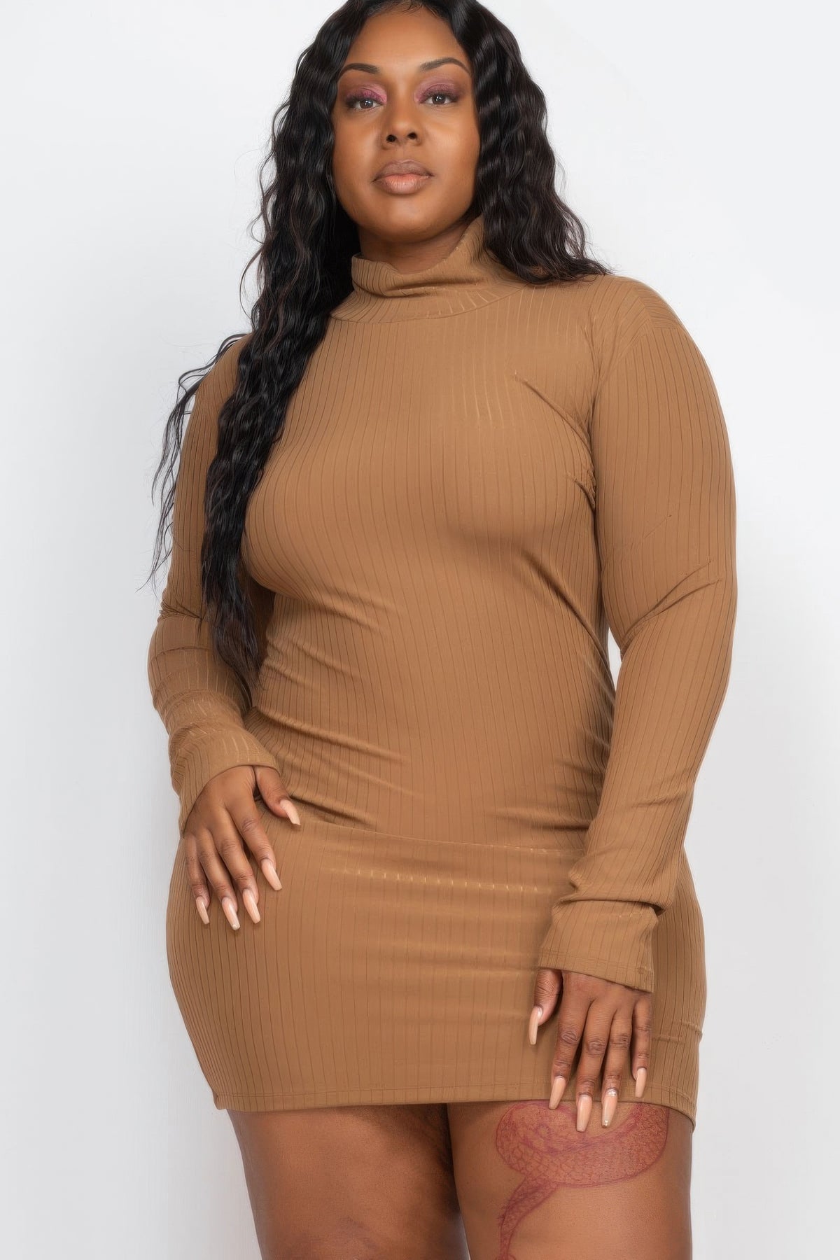 Plus Size Ribbed Mock Neck Long Sleeve Bodycon Mini Dress