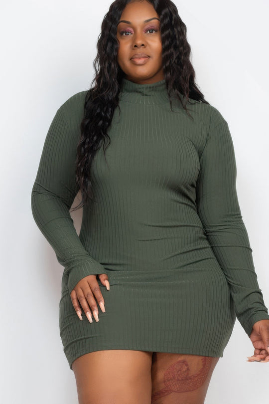 Plus Size Ribbed Long Sleeve Mock Neck Mini Bodycon Dress - Love it Curvy