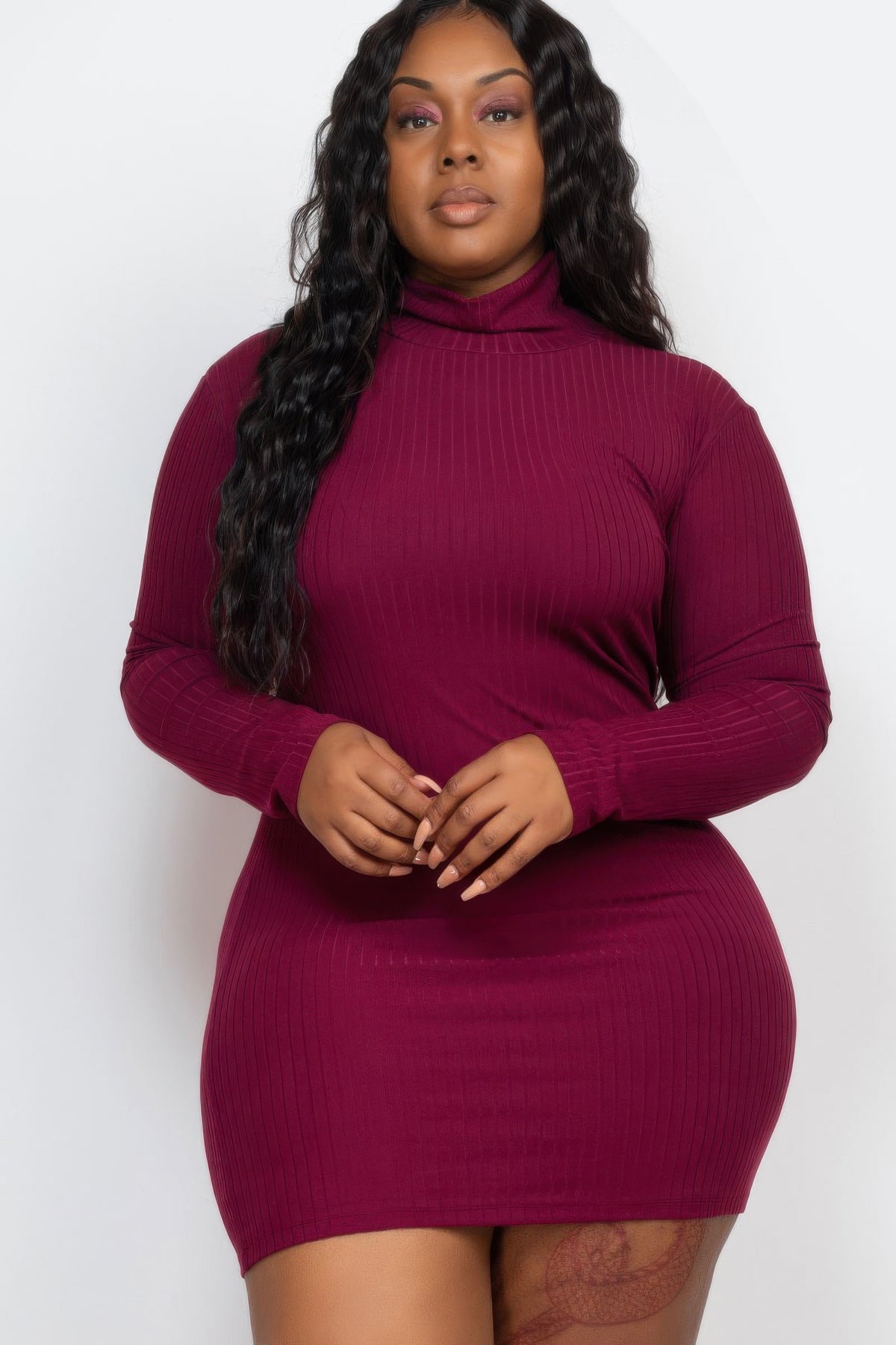 Plus Size Ribbed Mock Neck Long Sleeve Bodycon Mini Dress