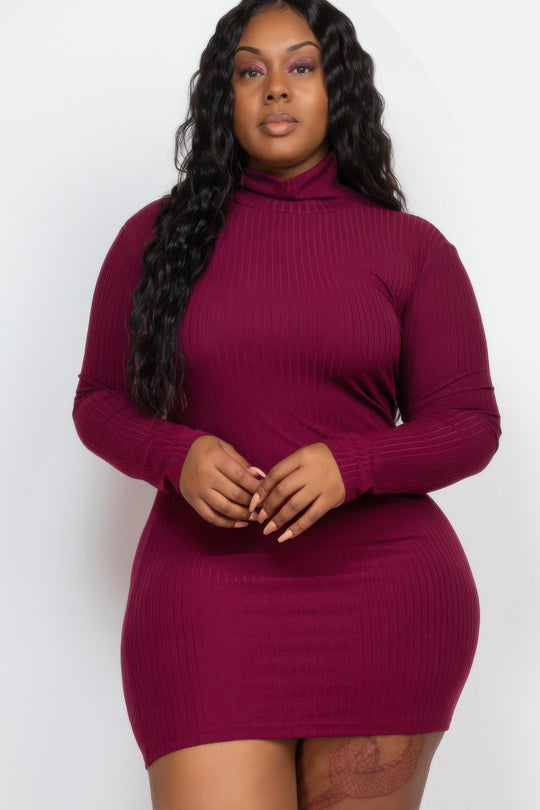 Plus Size Ribbed Long Sleeve Mock Neck Mini Bodycon Dress - Love it Curvy