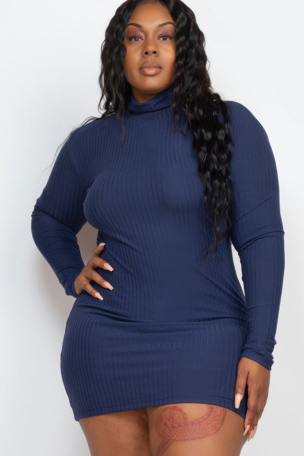 Plus Size Ribbed Mock Neck Long Sleeve Bodycon Mini Dress
