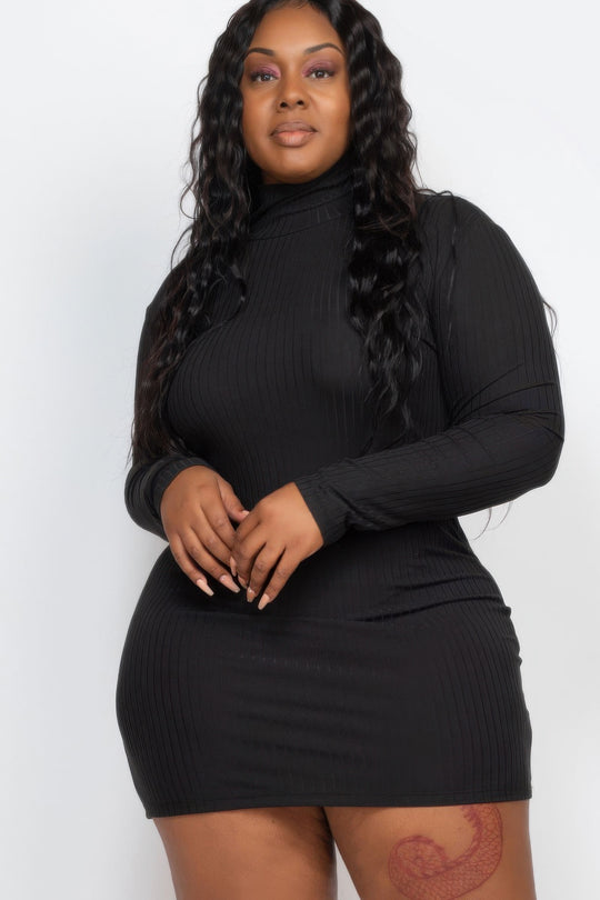 Plus Size Ribbed Long Sleeve Mock Neck Mini Bodycon Dress - Love it Curvy