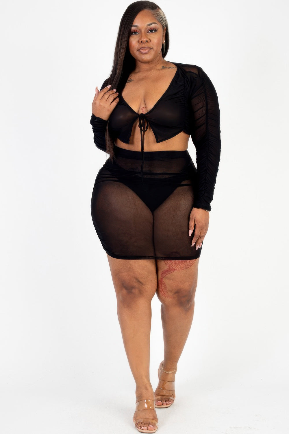Plus Size Sheer Mesh Tie Front Crop Top & Ruched Side Mini skirt - Love it Curvy