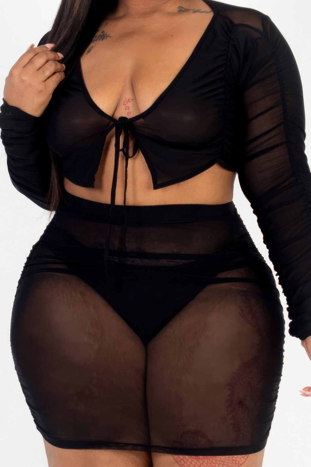 Plus Size Sheer Mesh Tie Front Crop Top & Ruched Side Mini skirt - Love it Curvy