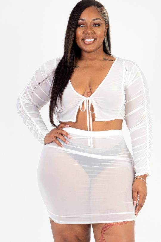 Plus Size Sheer Mesh Tie Front Crop Top & Ruched Side Mini skirt - Love it Curvy