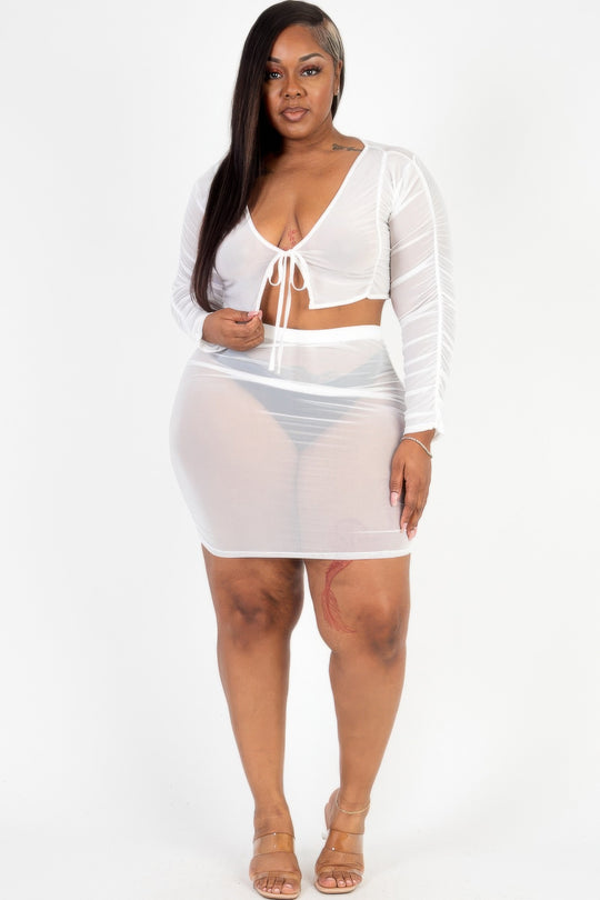 Plus Size Sheer Mesh Tie Front Crop Top & Ruched Side Mini skirt - Love it Curvy