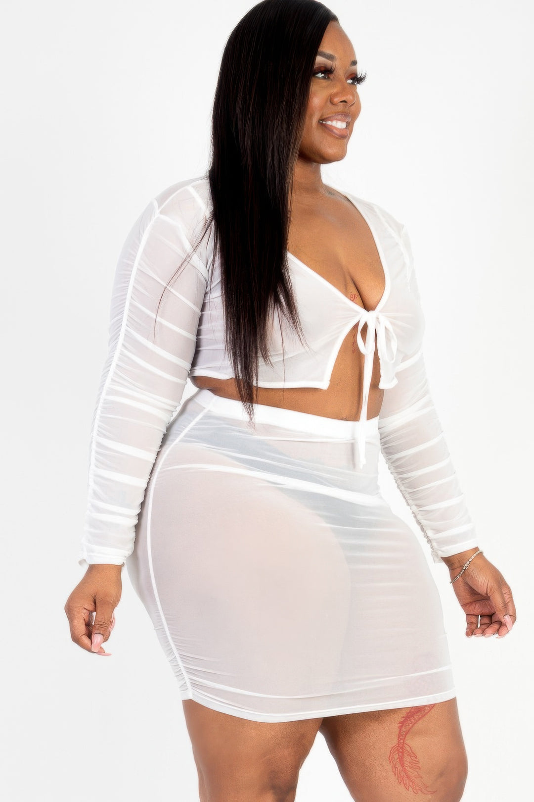 Plus Size Sheer Mesh Tie Front Crop Top & Ruched Side Mini skirt - Love it Curvy