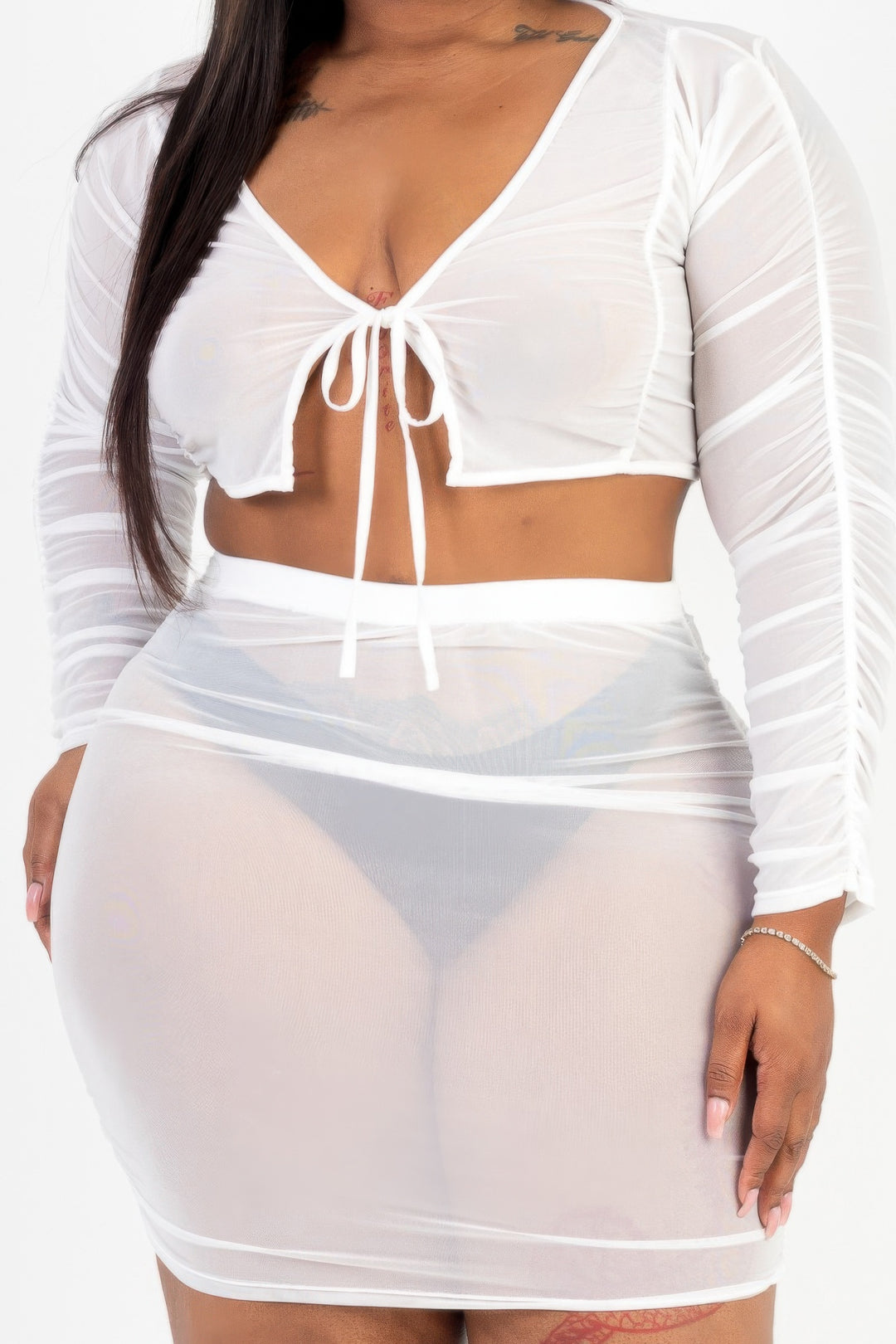 Plus Size Sheer Mesh Tie Front Crop Top & Ruched Side Mini skirt - Love it Curvy