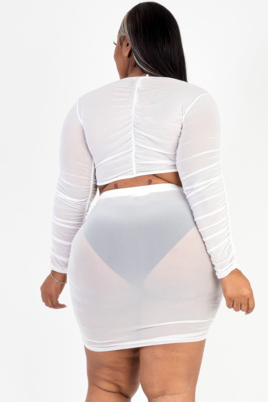 Plus Size Sheer Mesh Tie Front Crop Top & Ruched Side Mini skirt - Love it Curvy