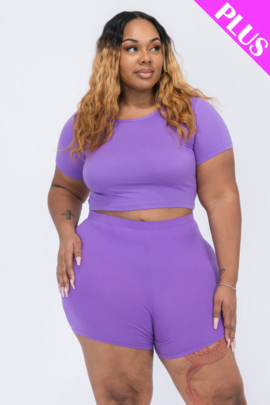 Plus Size Short Sleeve Crop Top & Shorts Set - Love it Curvy