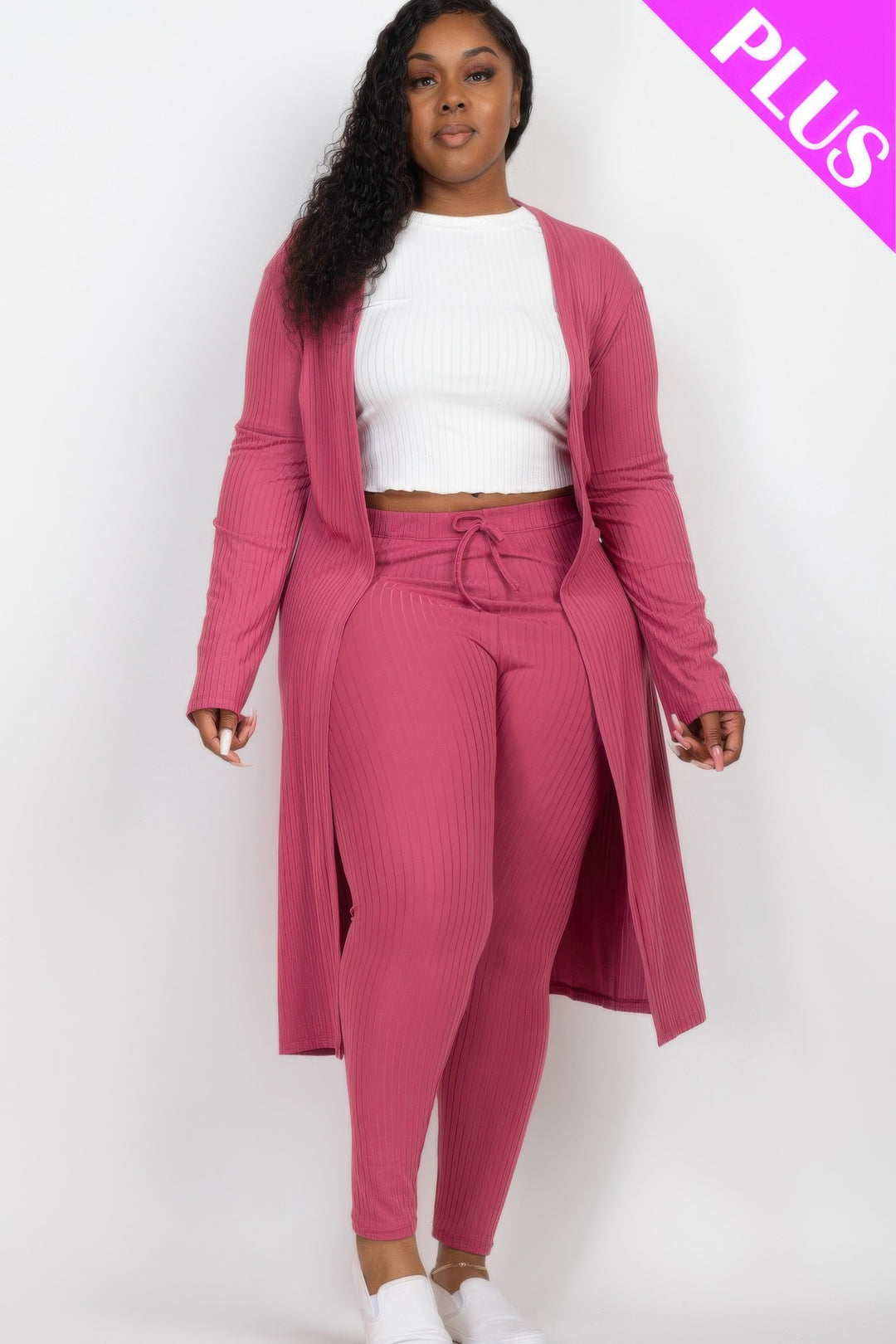 Plus Size Ribbed Long Cardigan & Leggings Set - Love it Curvy