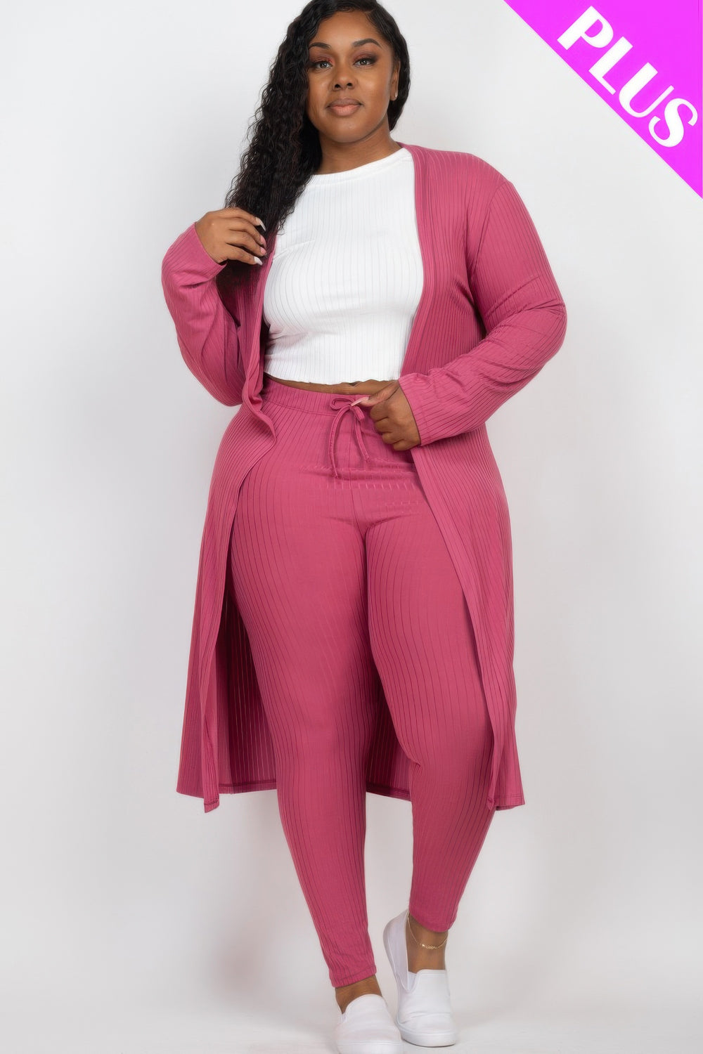Plus Size Ribbed Long Cardigan & Leggings Set - Love it Curvy