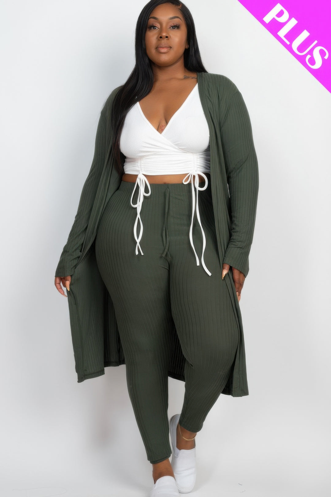 Plus Size Ribbed Long Cardigan & Leggings Set - Love it Curvy