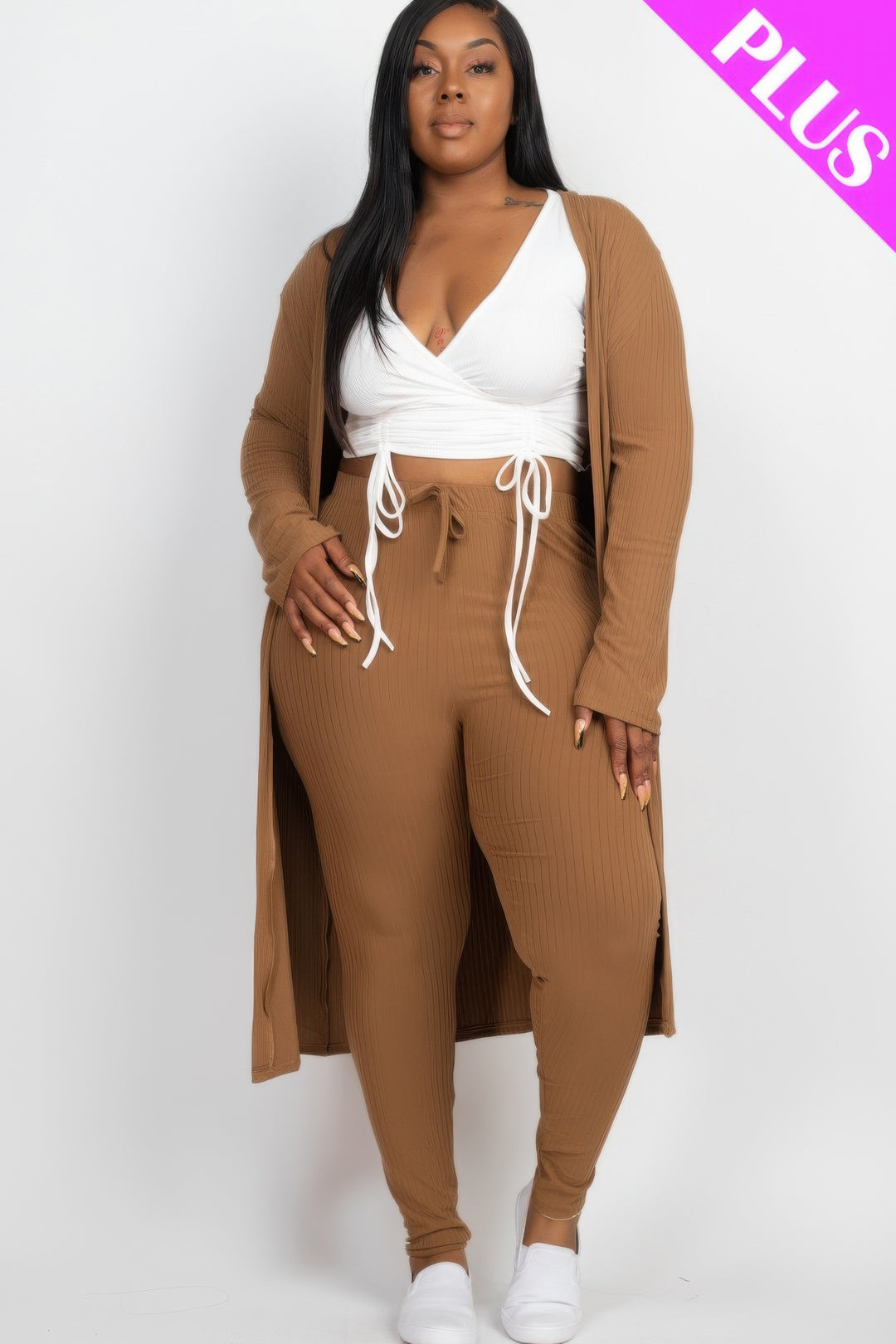 Plus Size Ribbed Long Cardigan & Leggings Set - Love it Curvy