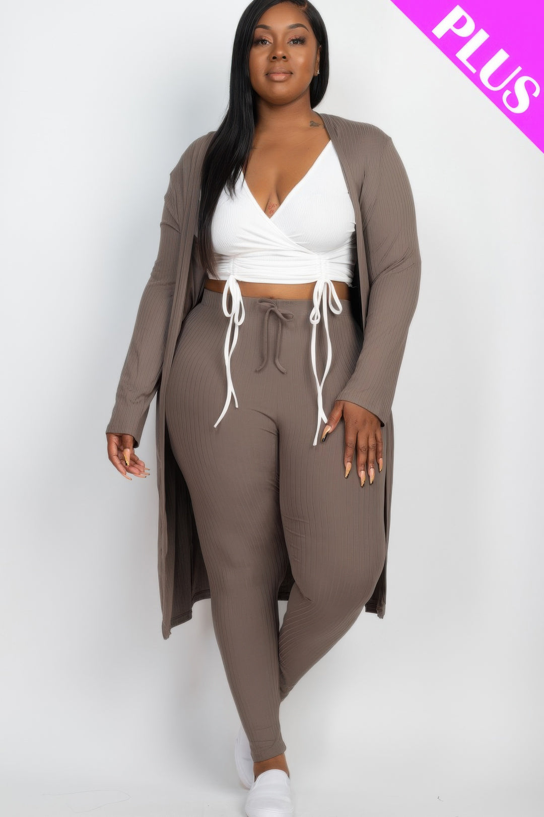 Plus Size Ribbed Long Cardigan & Leggings Set - Love it Curvy