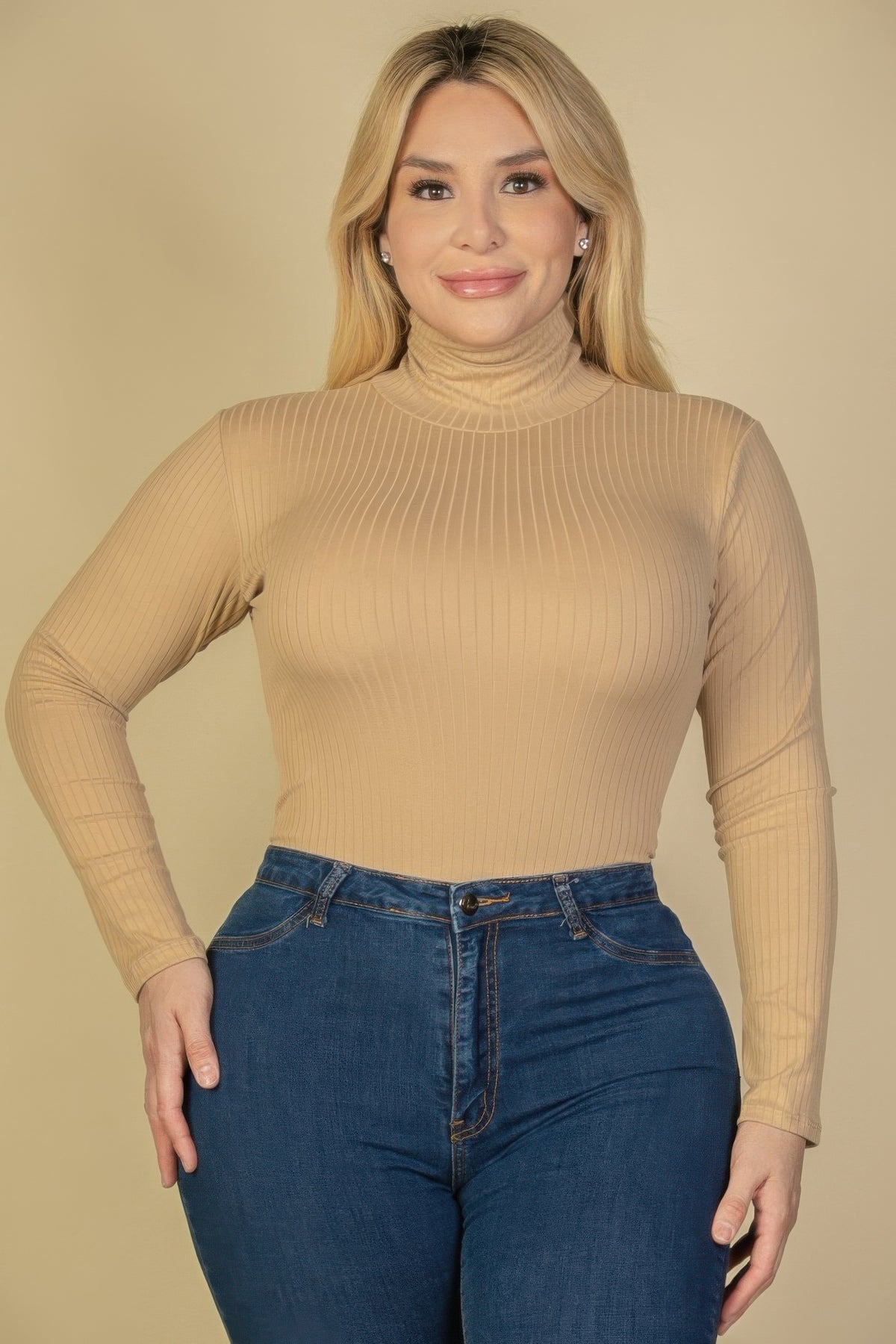 Plus Size Ribbed Turtleneck Long Sleeve Bodysuit
