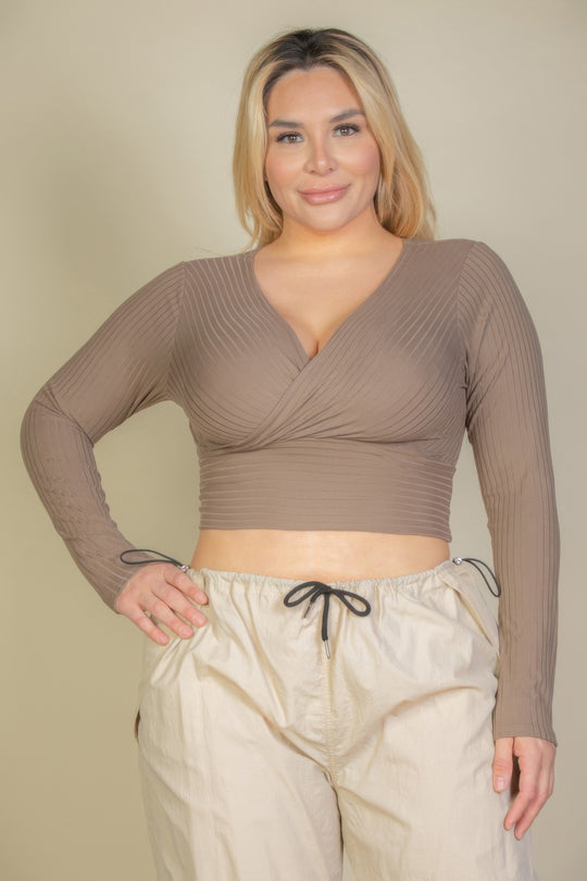 Plus Size Ribbed Wrap Front Long Sleeve Top - Love it Curvy