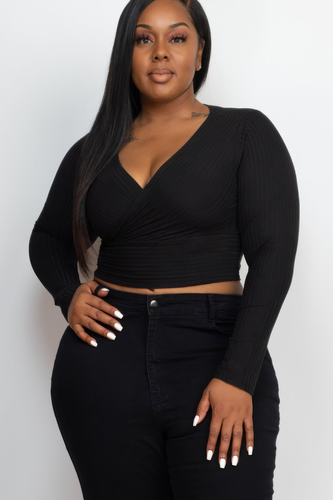 Plus Size Ribbed Wrap Front Long Sleeve Top - Love it Curvy