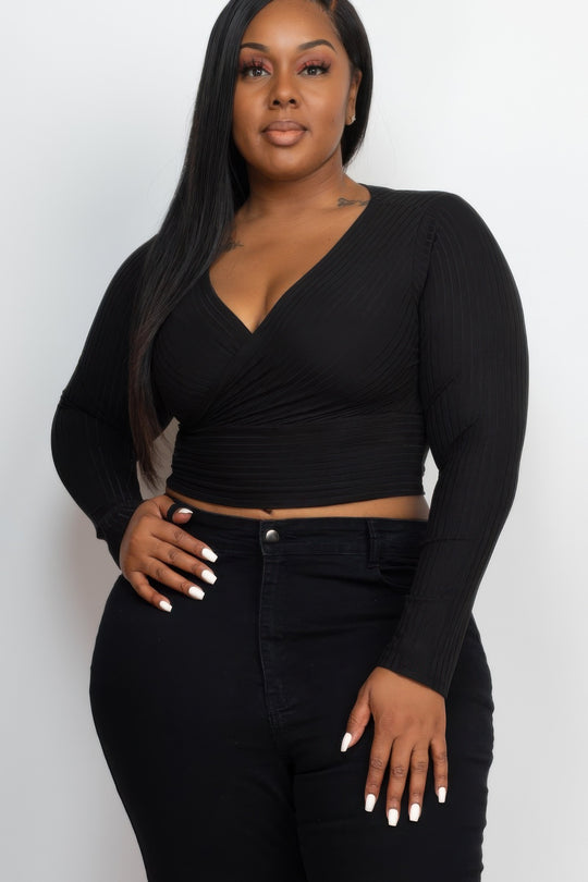 Plus Size Ribbed Wrap Front Long Sleeve Top - Love it Curvy